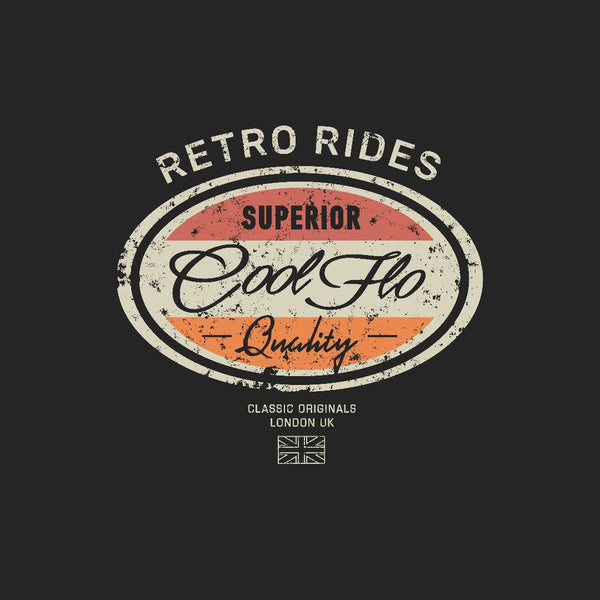 Cool Flo Retro Rides black sweatshirt with red, orange and cream print design - rollover image.