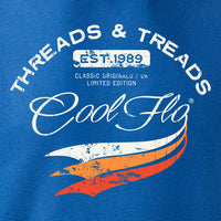 Cool Flo 'Threads and Treads' royal blue hoody with white and orange print on the front. 