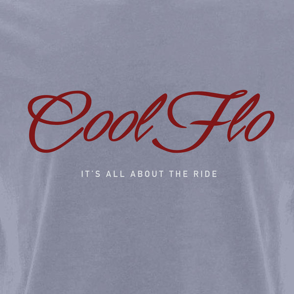 It's All About The Ride Cool Flo grey t-shirt with red and white print.