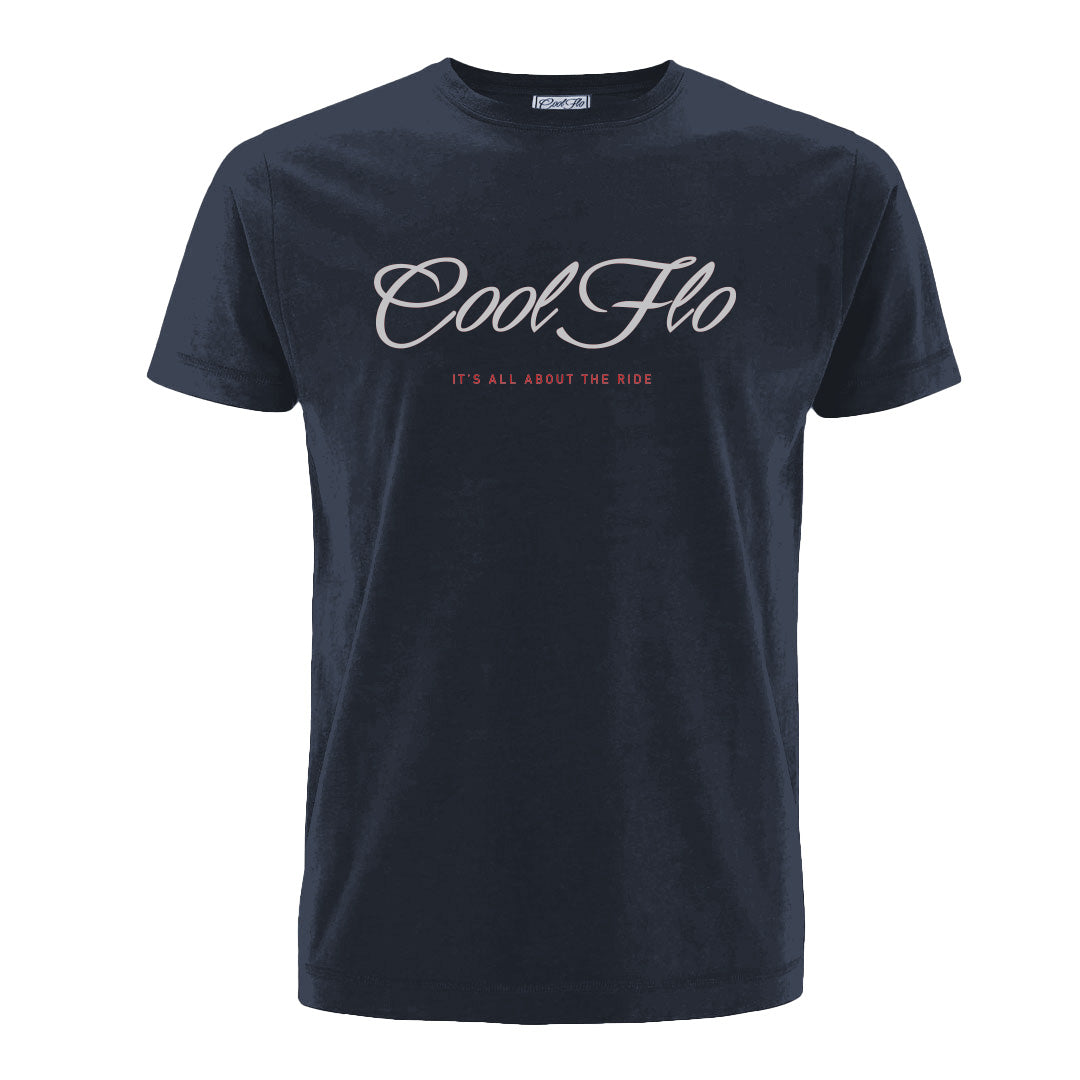 It's All About the Ride navy t-shirt with Cool Flo script in white with red print.