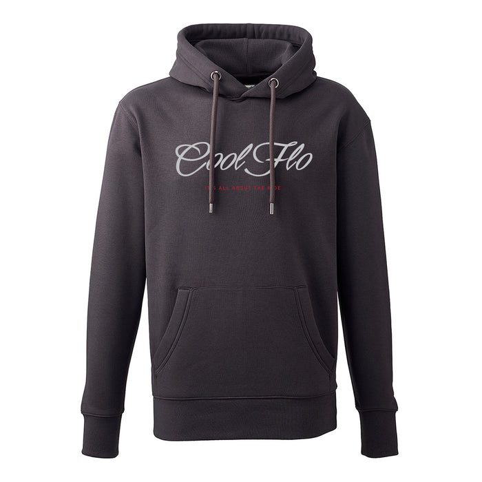 Cool Flo 'It's all about the ride' charcoal hoody with white and red print on the front. 