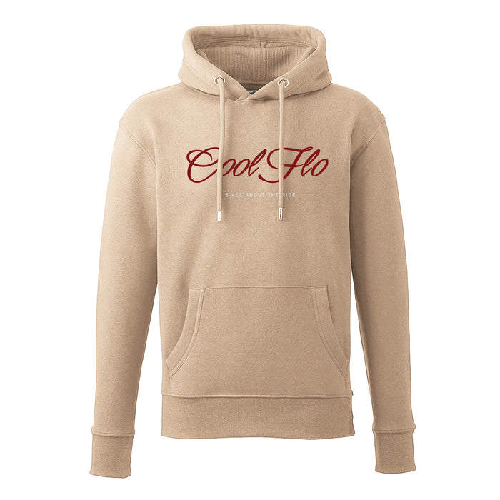 Cool Flo It's all about the ride desert sand hoody with red and white print on the front.