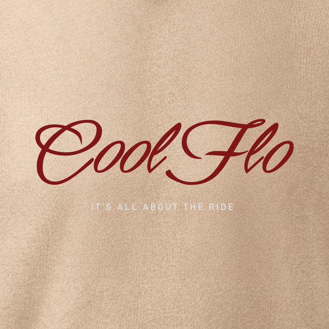 Cool Flo It's all about the ride desert sand hoody with red and white print on the front.