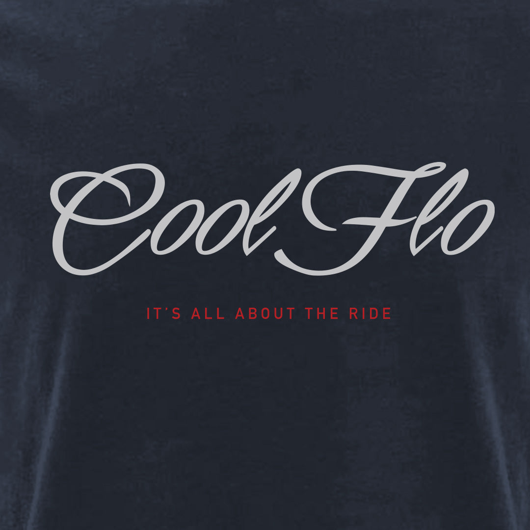 It's All About The Ride navy t-shirt with Cool Flo script in white with red print.