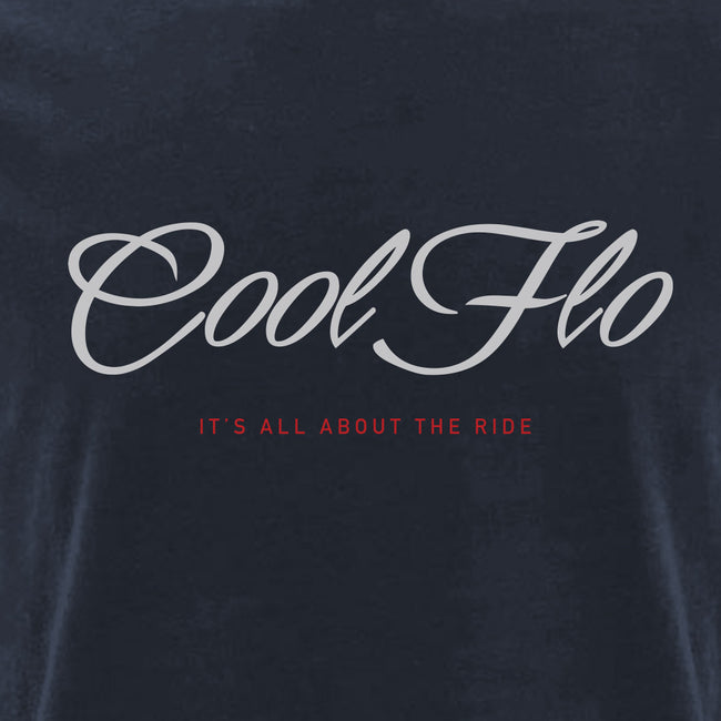 It's All About The Ride navy t-shirt with Cool Flo script in white with red print.