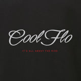 Cool Flo 'It's all about the ride' black sweatshirt with white and red print on the front. 