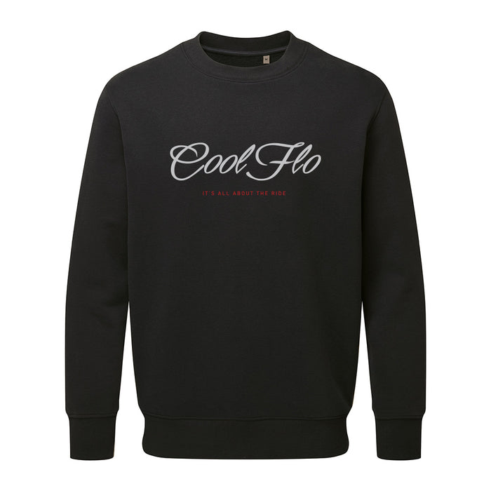 Cool Flo 'It's all about the ride' black sweatshirt with white and red print on the front. 