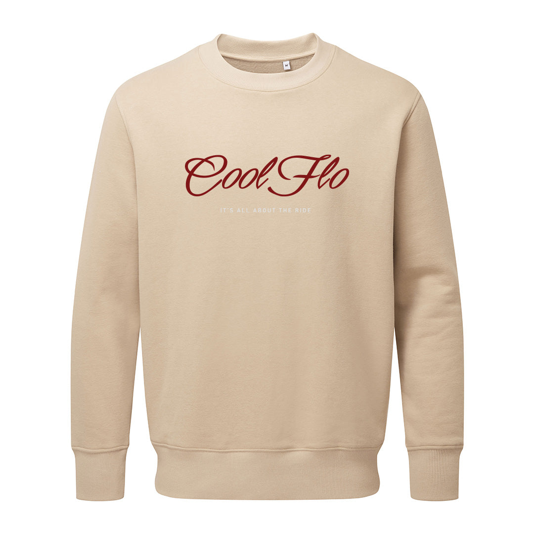 Cool Flo it's all about the ride sand sweatshirt with red and white print on the front.