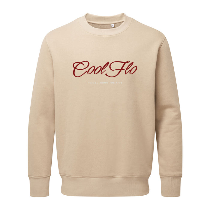 Cool Flo it's all about the ride sand sweatshirt with red and white print on the front.