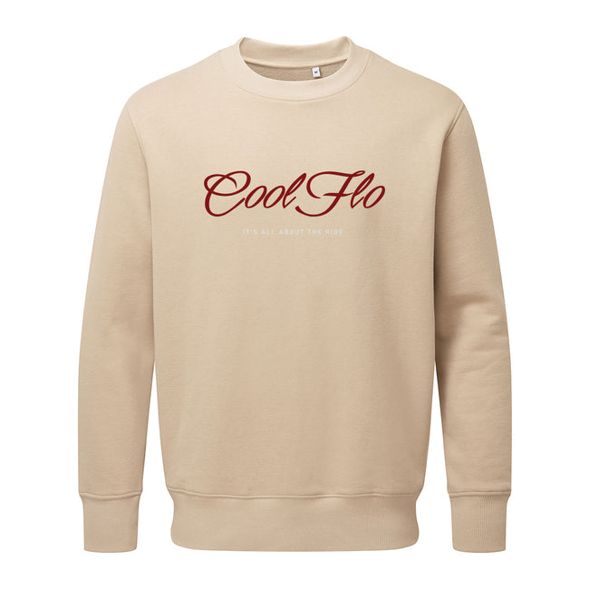 Cool Flo it's all about the ride sand sweatshirt with red and white print on the front.