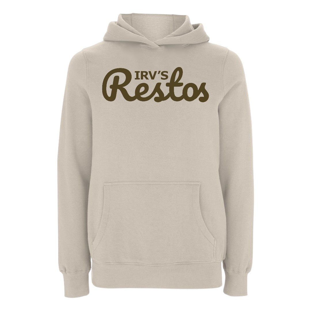 Stone-colour hoody with complimentary brown IRV’s Restos logo printed across the chest - front view