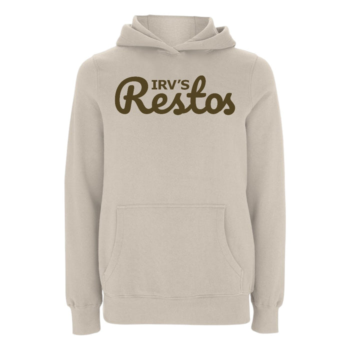 Stone-colour hoody with complimentary brown IRV’s Restos logo printed across the chest - front view