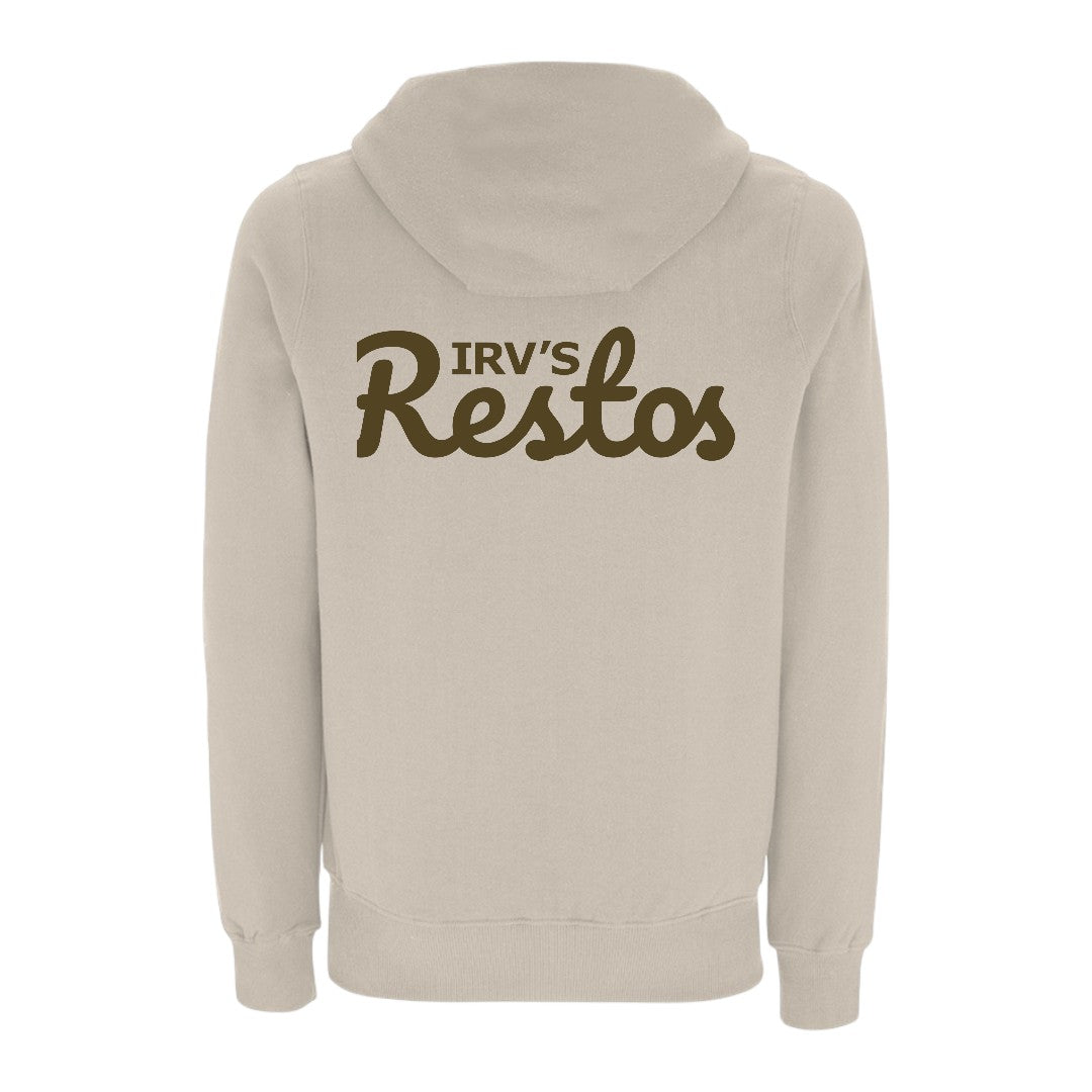 Stone-colour hoody with brown IRV’s Restos logo on chest and full-width brown logo print on back - front view