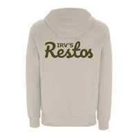 Stone-colour hoody with brown IRV’s Restos logo on chest and full-width brown logo print on back - front view