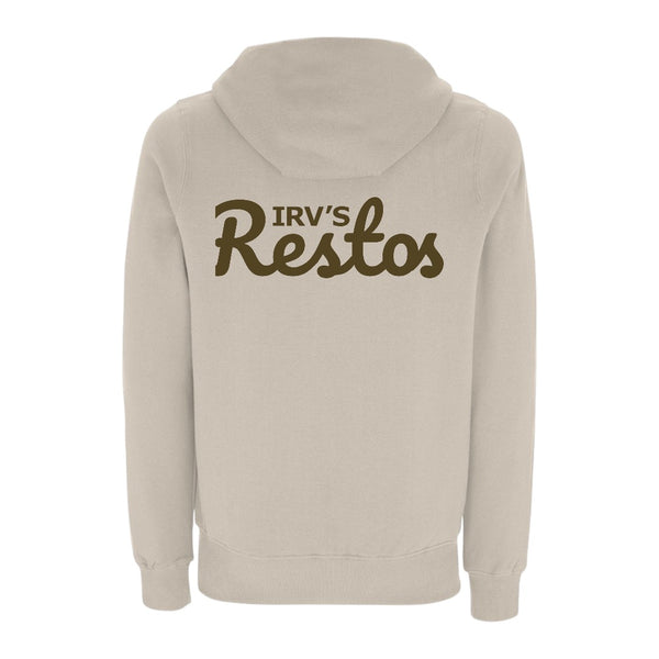 Stone-colour hoody with brown IRV’s Restos logo on chest and full-width brown logo print on back - front view