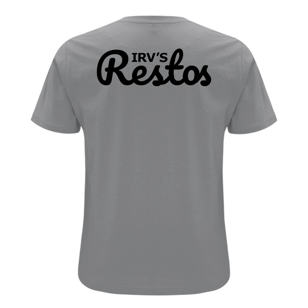GREY double-print t-shirt with bold black IRV’s Restos Shop logos on the front and back - back view