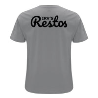 GREY double-print t-shirt with bold black IRV’s Restos Shop logos on the front and back - back view
