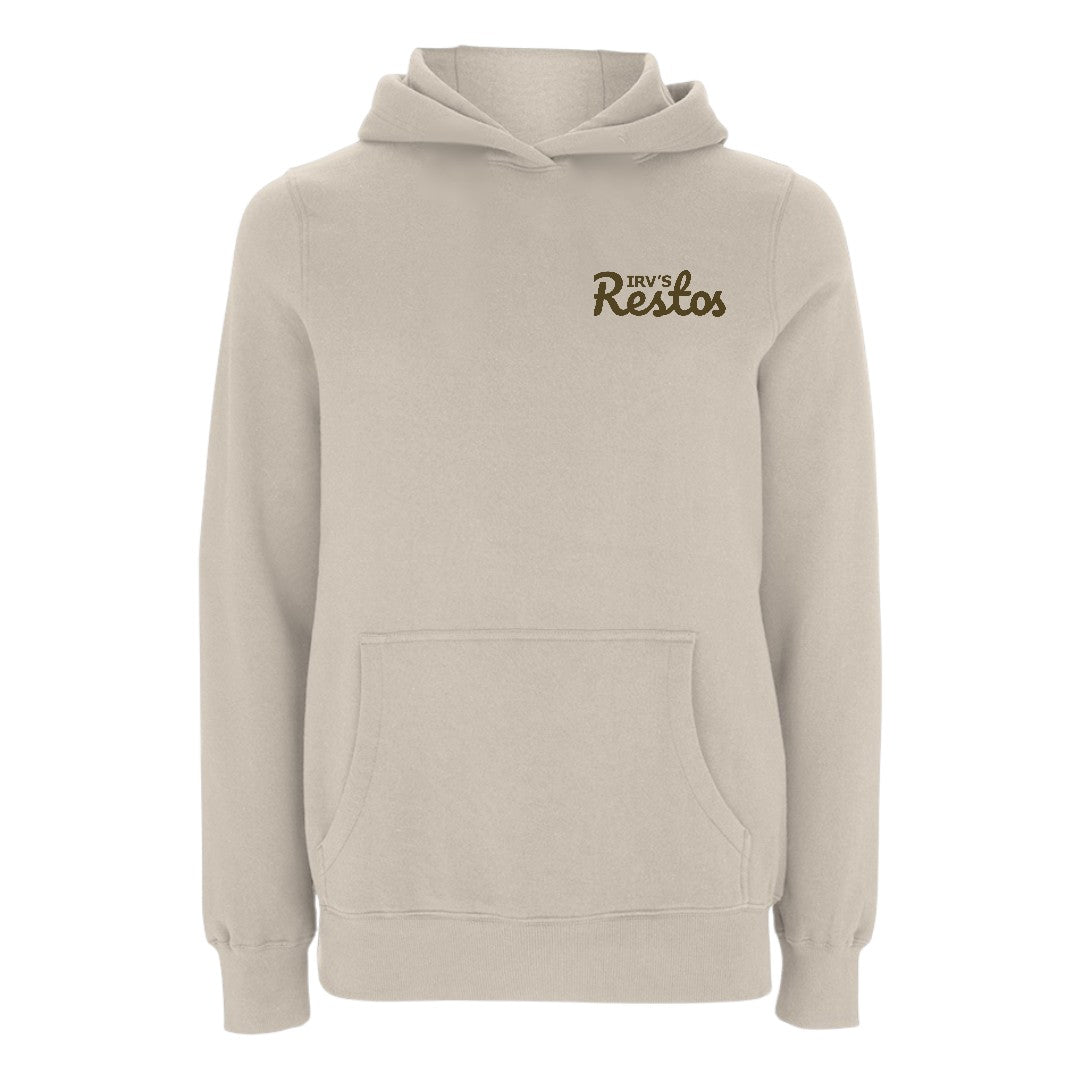 Stone-colour hoody with brown IRV’s Restos logo on chest and full-width brown logo print on back - front view