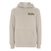 Stone-colour hoody with brown IRV’s Restos logo on chest and full-width brown logo print on back - front view