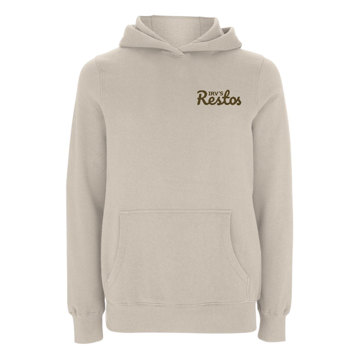 Stone-colour hoody with brown IRV’s Restos logo on chest and full-width brown logo print on back - front view