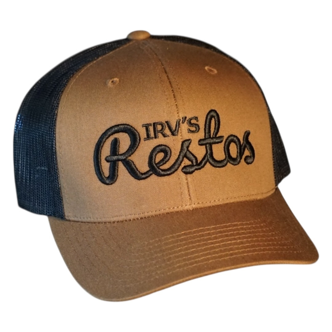 Brown and black retro trucker cap with black IRV's Restos embroidered logo  - side view