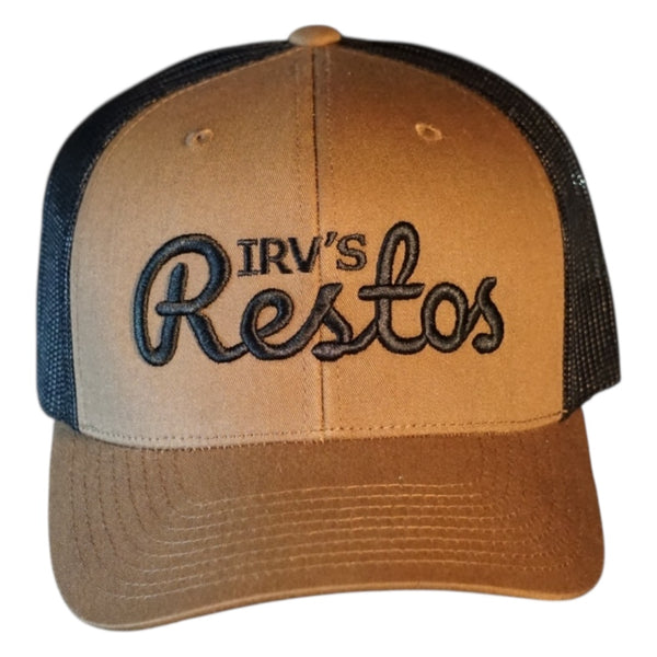 Brown and black retro trucker cap with black IRV's Restos embroidered logo  - front view