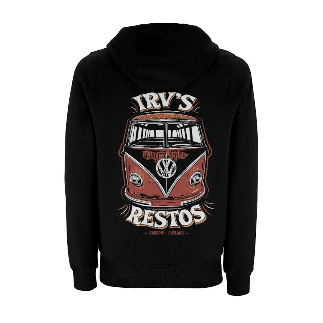 Irv's Restos double print black hoody with Irv's logo left chest and a large 'Quality Sound' VW splitscreen bus design on the back. (Back image)