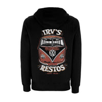 Irv's Restos double print black hoody with Irv's logo left chest and a large 'Quality Sound' VW splitscreen bus design on the back. (Back image)