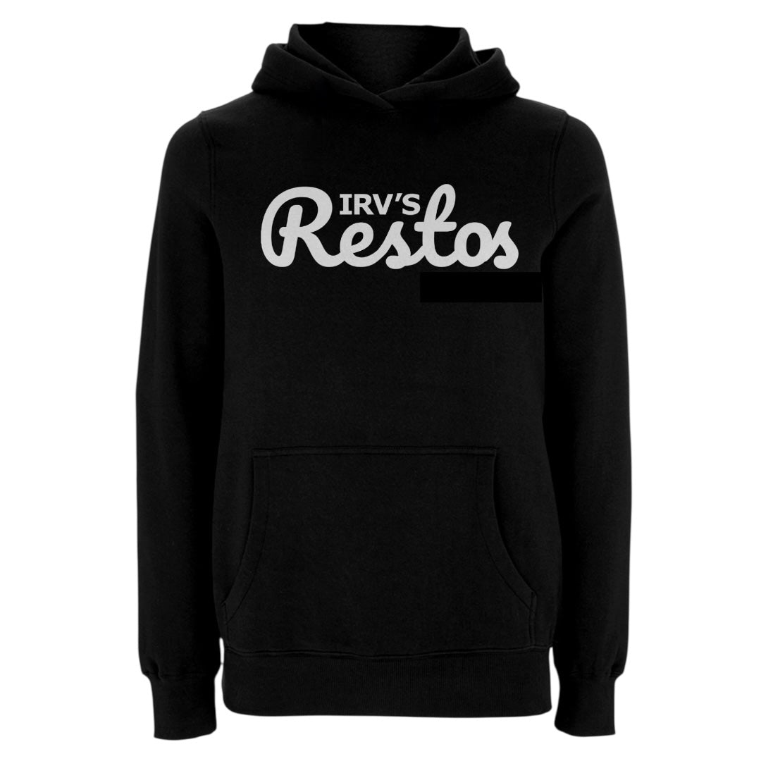 Black hoody with bold white IRV’s Restos logo printed across the chest - front view