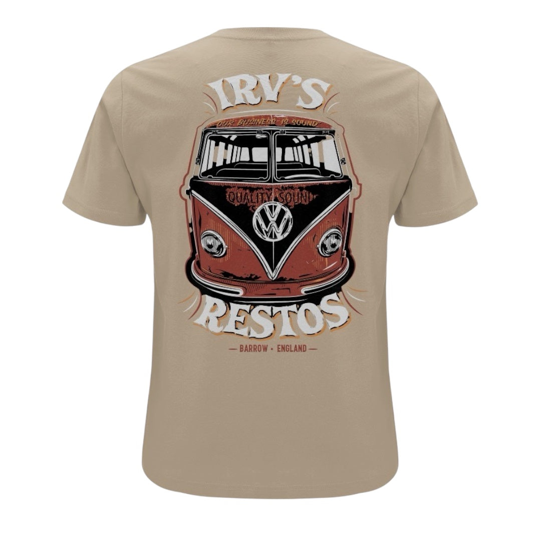 IRV’s Restos double-print tee in desert dust, features a white chest logo and and bold VW Bus back print - back view 