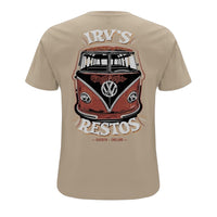 IRV’s Restos double-print tee in desert dust, features a white chest logo and and bold VW Bus back print - back view 