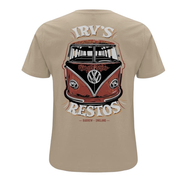 IRV’s Restos double-print tee in desert dust, features a white chest logo and and bold VW Bus back print - back view 