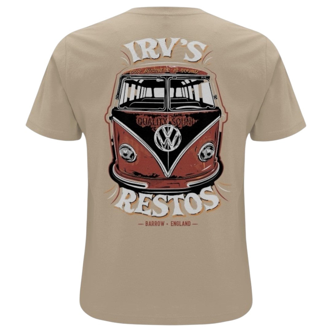IRV’s Restos double-print tee in desert dust, features a white chest logo and and bold VW Bus back print - back view 