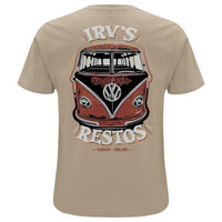 IRV’s Restos double-print tee in desert dust, features a white chest logo and and bold VW Bus back print - back view 