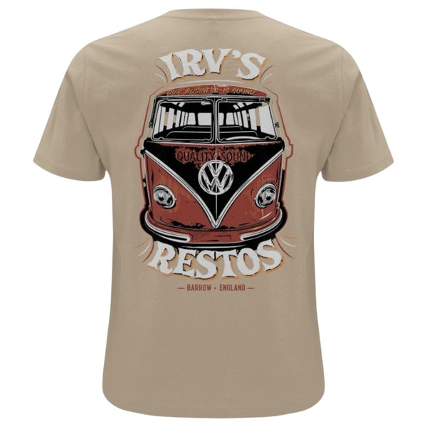 IRV’s Restos double-print tee in desert dust, features a white chest logo and and bold VW Bus back print - back view 