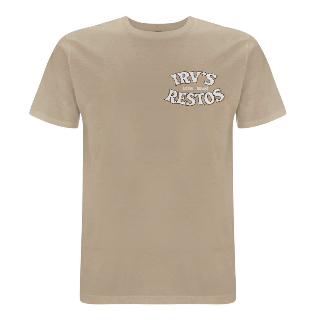 IRV’s Restos double-print tee in desert dust, features a white chest logo and and bold VW Bus back print - front view 