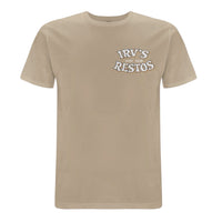 IRV’s Restos double-print tee in desert dust, features a white chest logo and and bold VW Bus back print - front view 