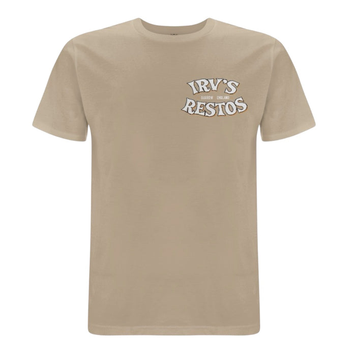 IRV’s Restos double-print tee in desert dust, features a white chest logo and and bold VW Bus back print - front view 