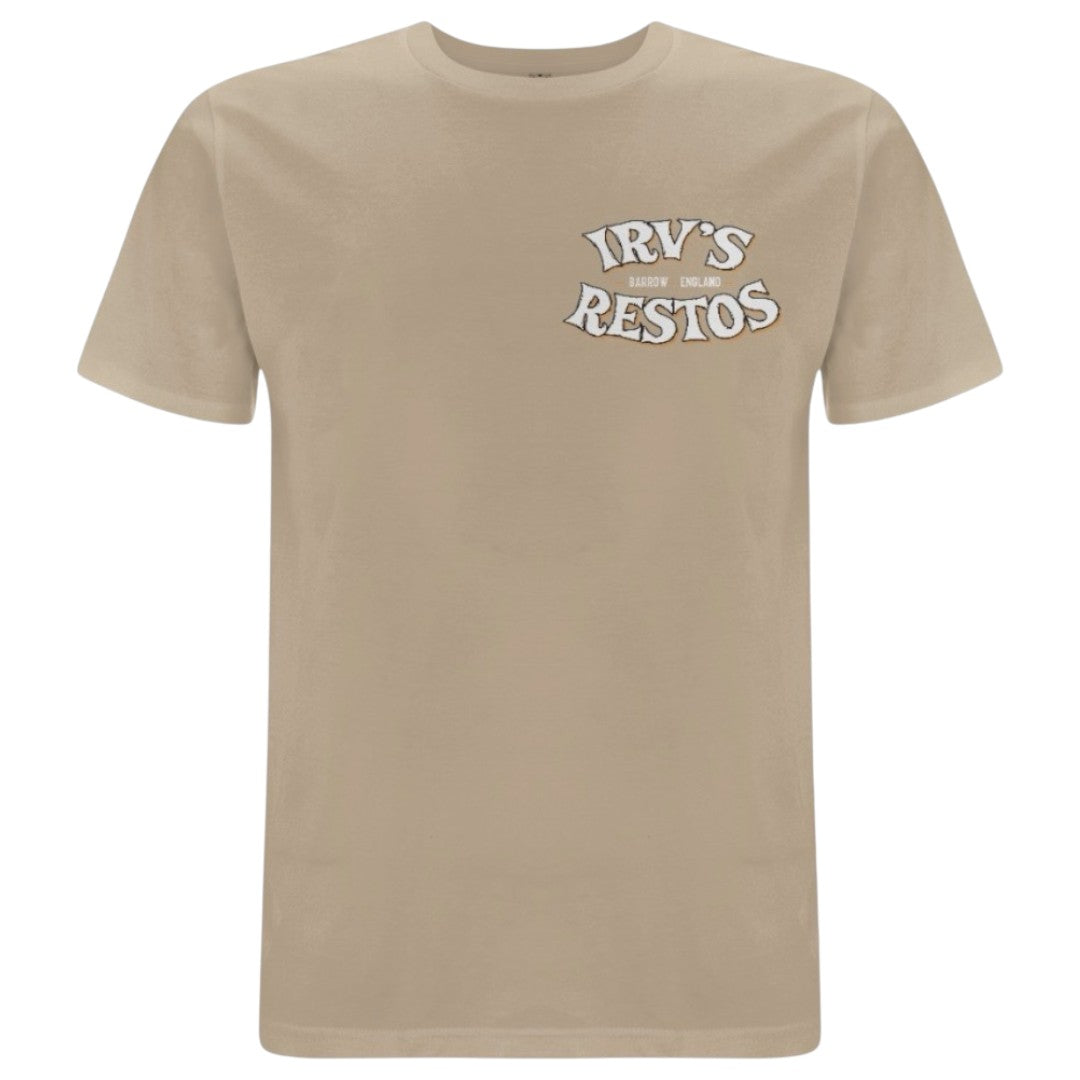 IRV’s Restos double-print tee in desert dust, features a white chest logo and and bold VW Bus back print - front view 