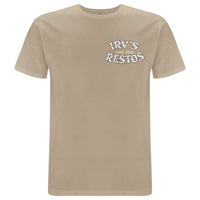 IRV’s Restos double-print tee in desert dust, features a white chest logo and and bold VW Bus back print - front view 