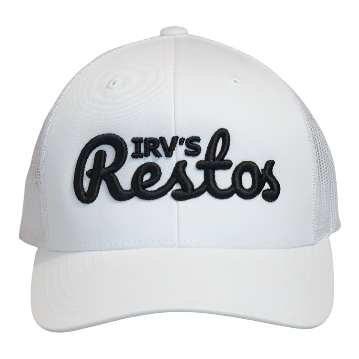 Irv's Restos White Trucker Cap with black hi-build embroidery - front view.