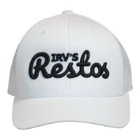Irv's Restos White Trucker Cap with black hi-build embroidery - front view.
