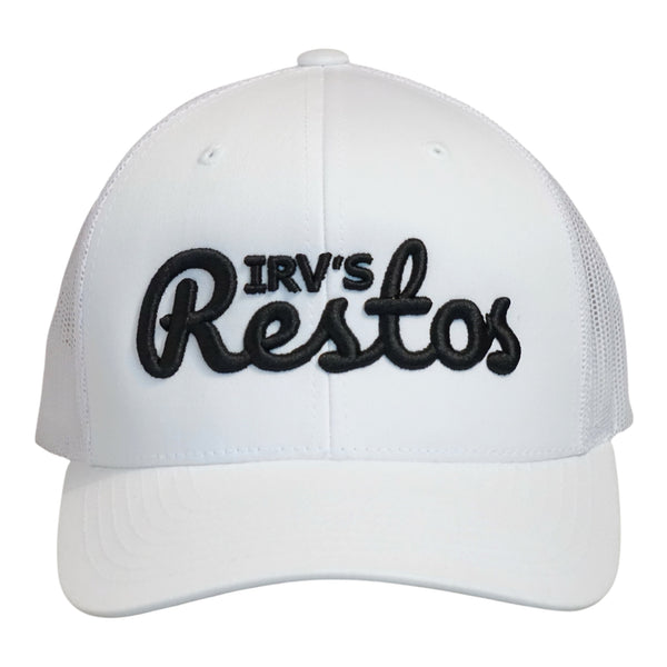 Irv's Restos White Trucker Cap with black hi-build embroidery - front view.