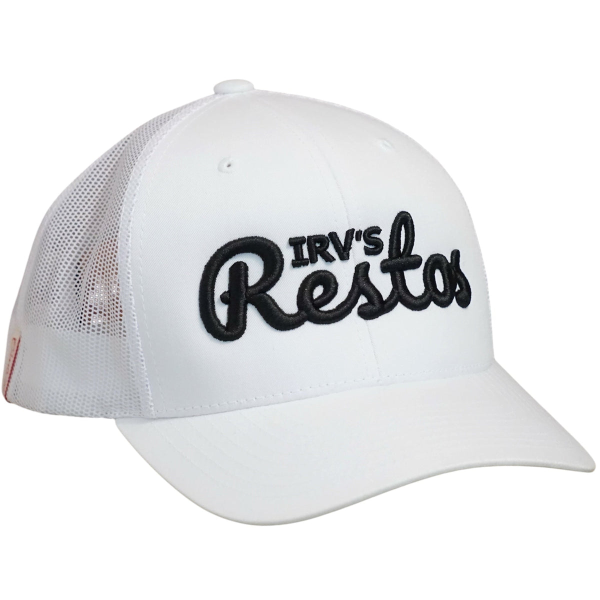 Irv's Restos White Trucker Cap with black hi-build embroidery - side view.