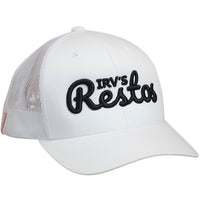 Irv's Restos White Trucker Cap with black hi-build embroidery - side view.