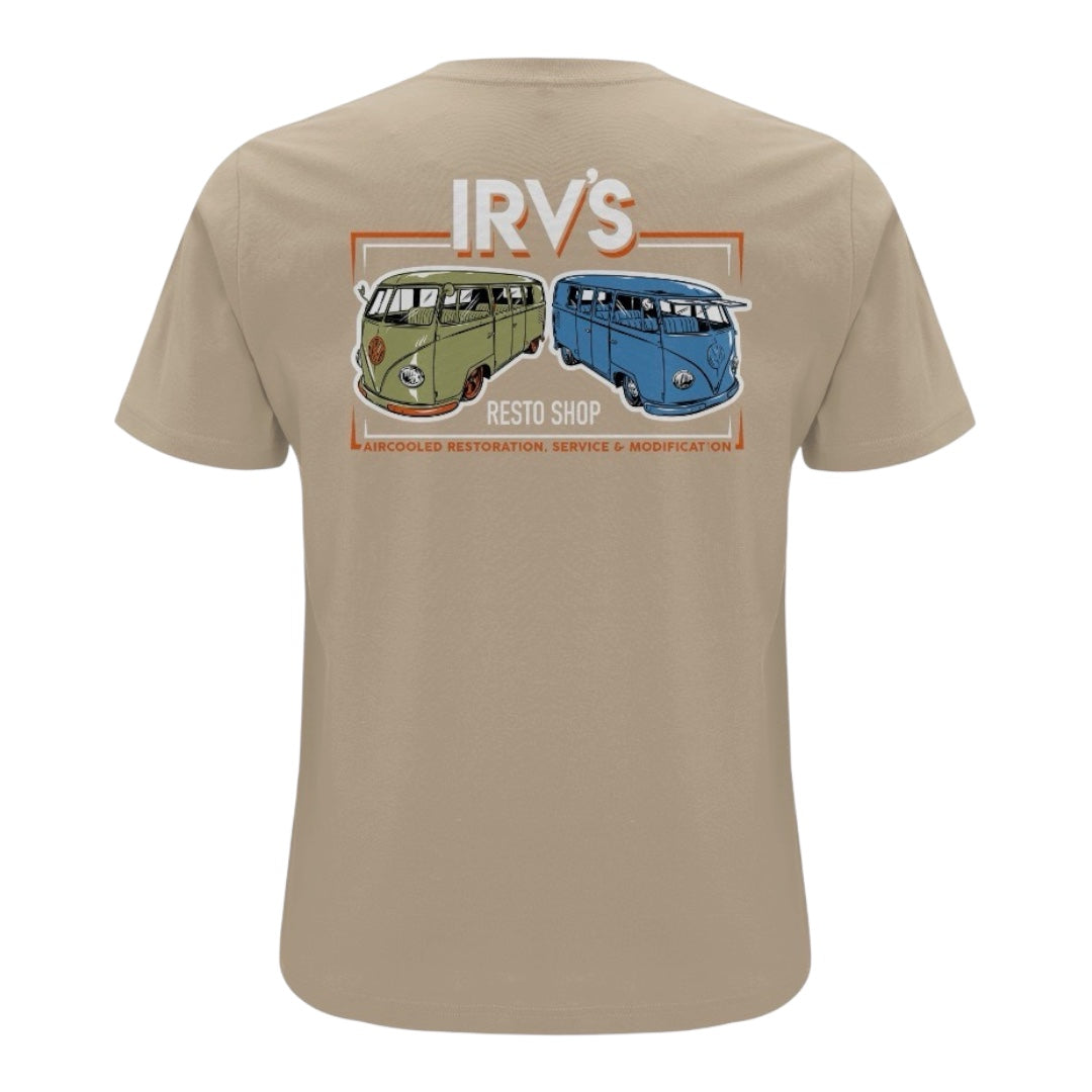 IRV’s Restos tee in desert dust, features a chest logo and barndoor VW bus back print - back view