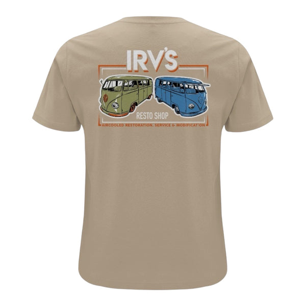 IRV’s Restos tee in desert dust, features a chest logo and barndoor VW bus back print - back view