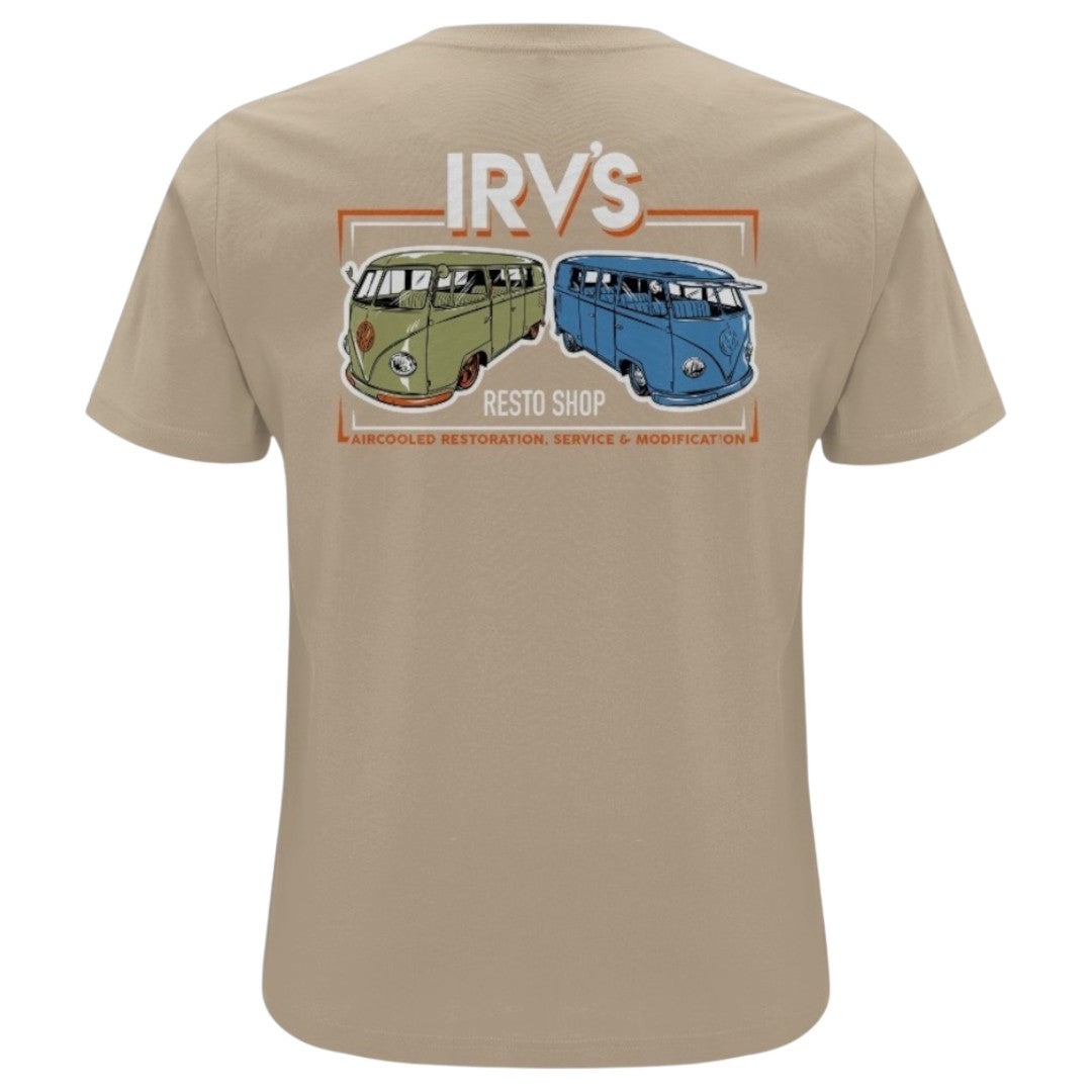 IRV’s Restos tee in desert dust, features a chest logo and barndoor VW bus back print - back view