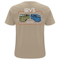 IRV’s Restos tee in desert dust, features a chest logo and barndoor VW bus back print - back view