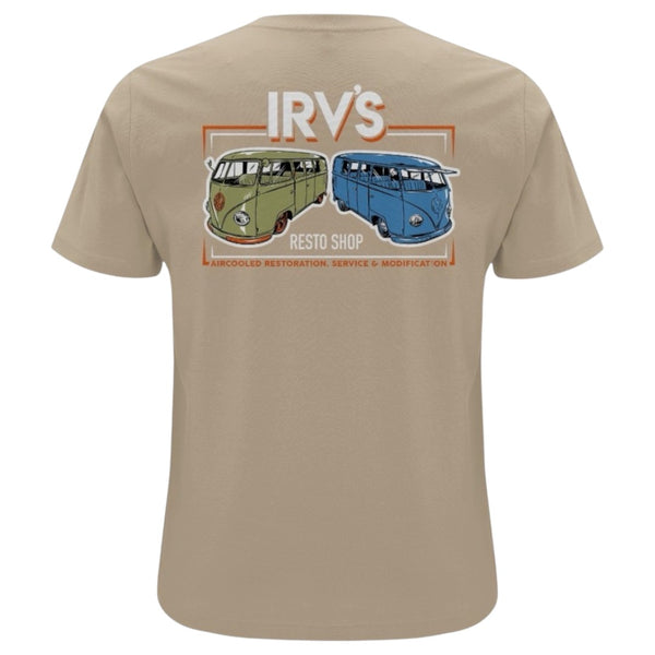 IRV’s Restos tee in desert dust, features a chest logo and barndoor VW bus back print - back view